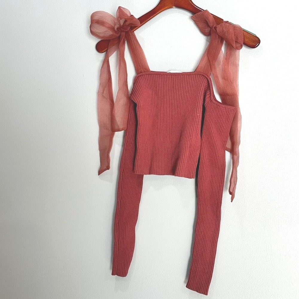 ZARA Ribbed Knit Crop Top‎ Sheer Ribbon Tie ballet preppy Small valentines pink